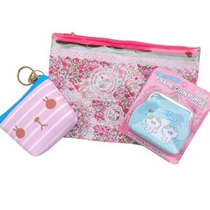 Kawaii Pink Bear Dancing Cat Bag Pouch Wallet Bundle